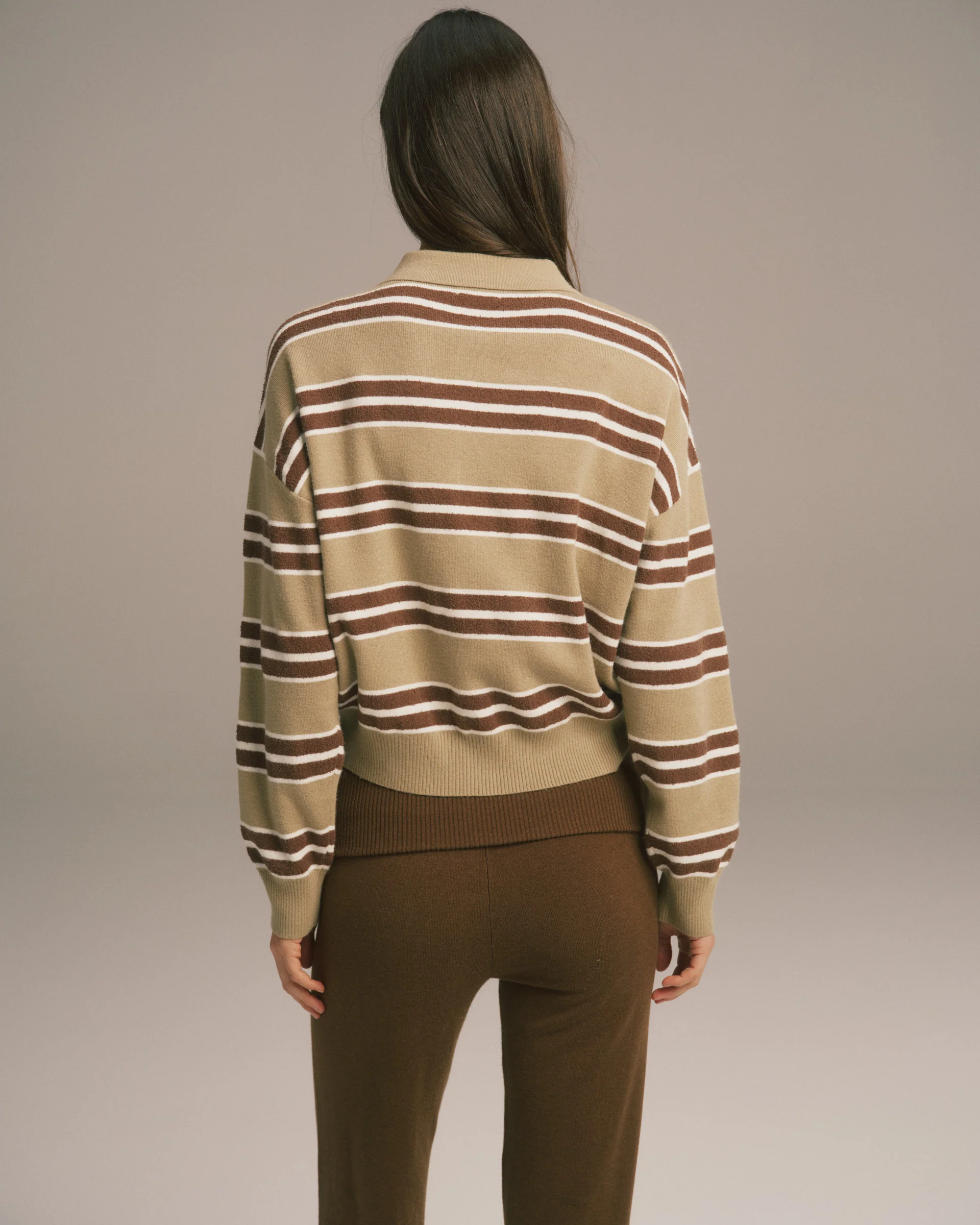 Knit Button Up Collar Sweatshirt - Pistachio Stripe - Image 2