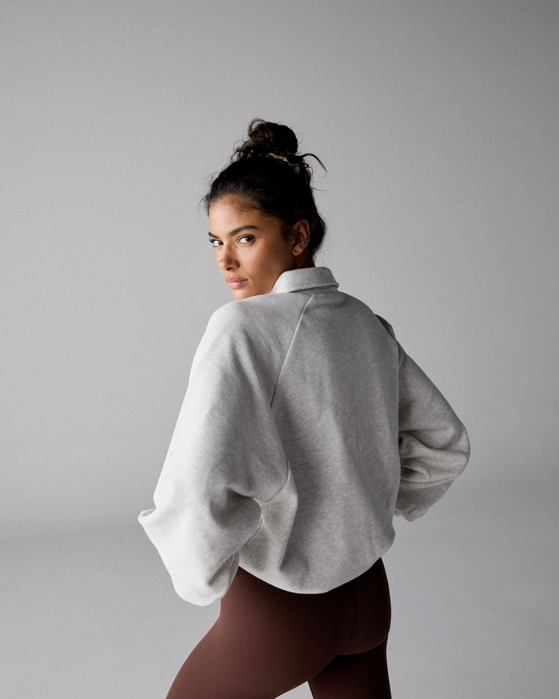 Slouchy Button Up Sweatshirt - Light Grey Melange - Image 2