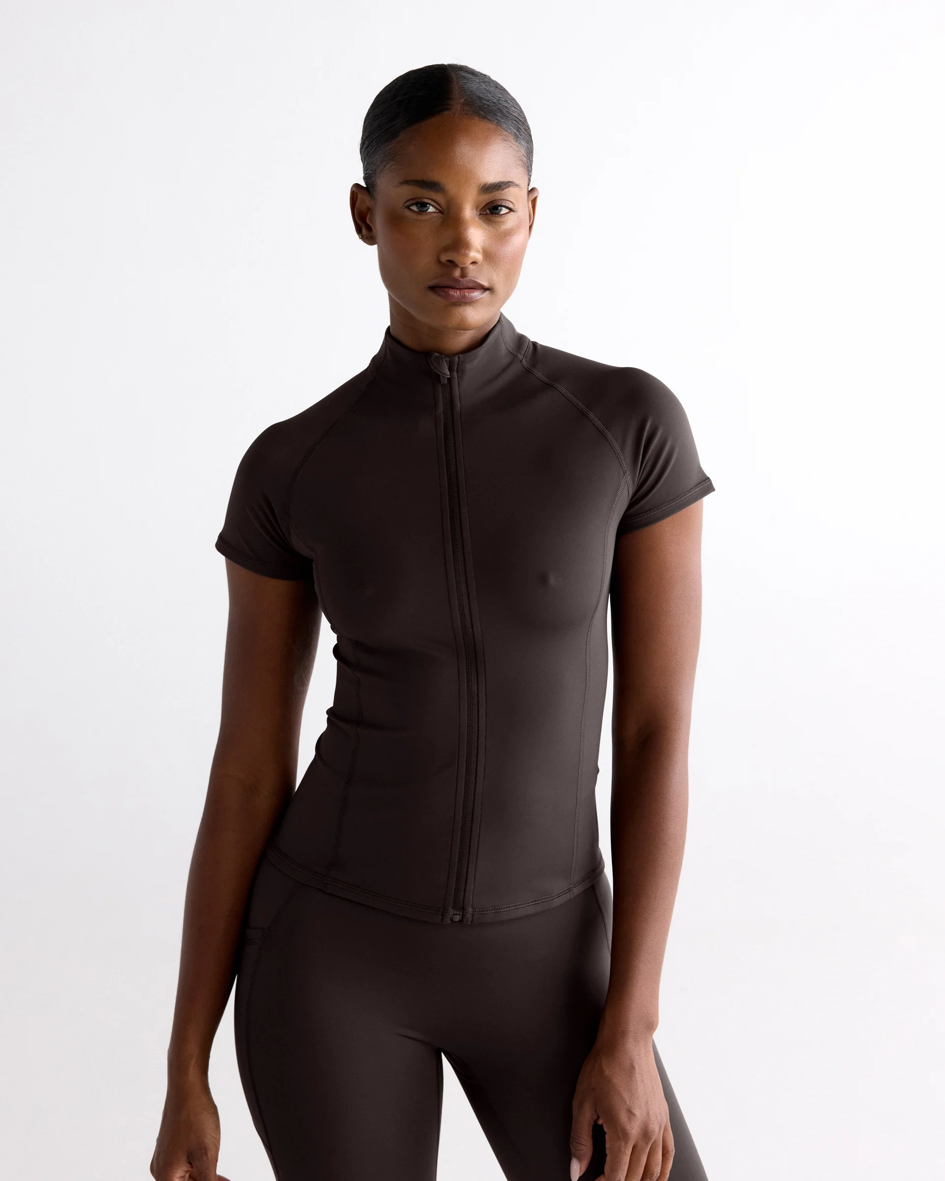 Ultimate Short Sleeve Zip Up Top - Coffee Bean - Image 2